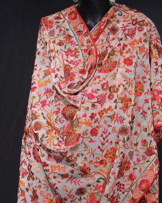Georgette Dupatta with Zari and Fuchsia/Red Embroidery